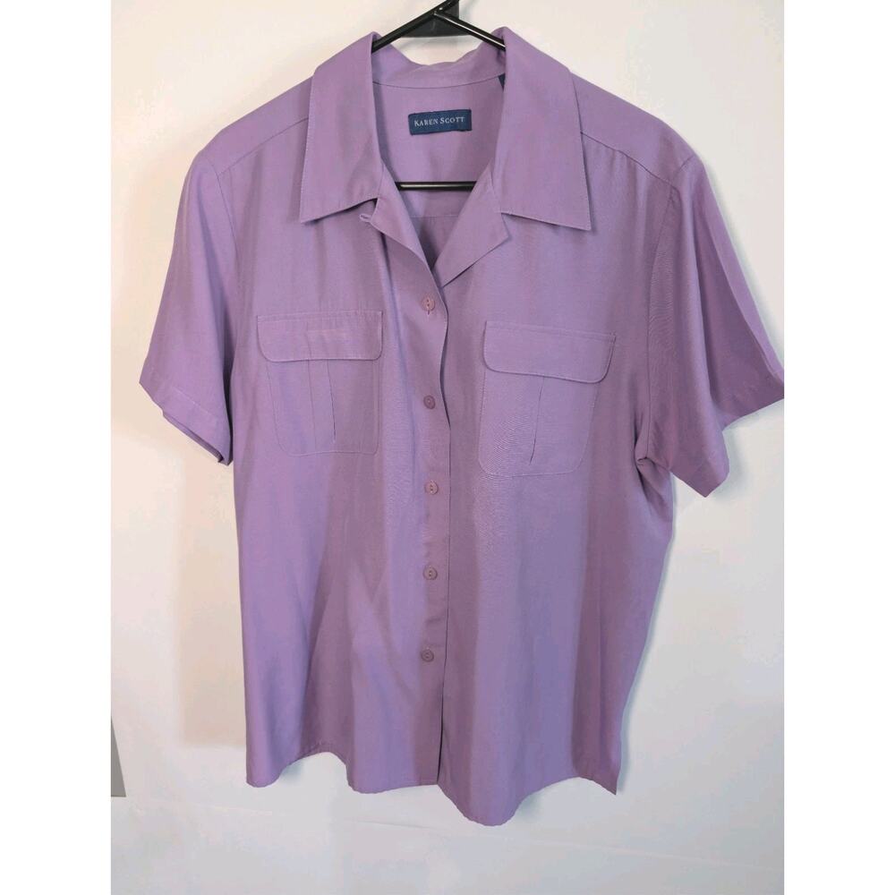 Karen Scott Womens Size 3X Shirt Short Sleeve Button Front Pocket Solid Purple